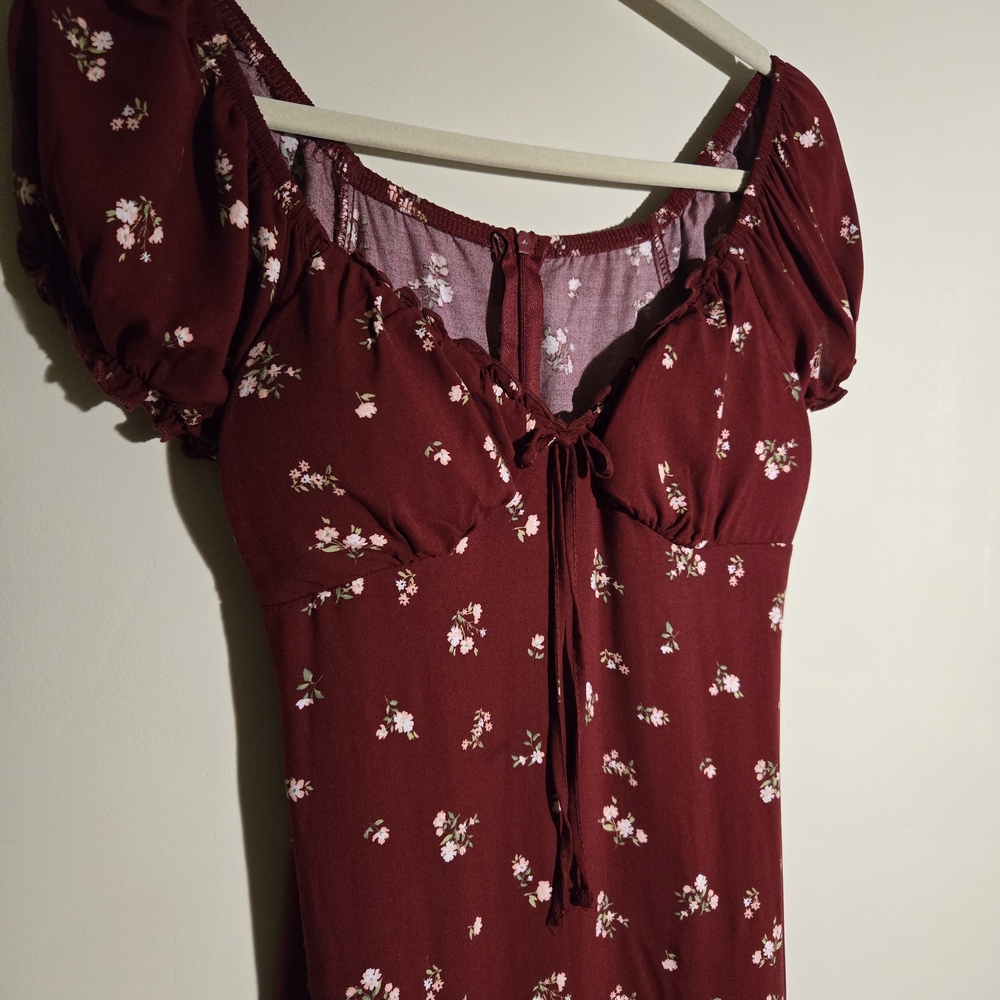 Cottagecore Burgundy Floral Midi Dress